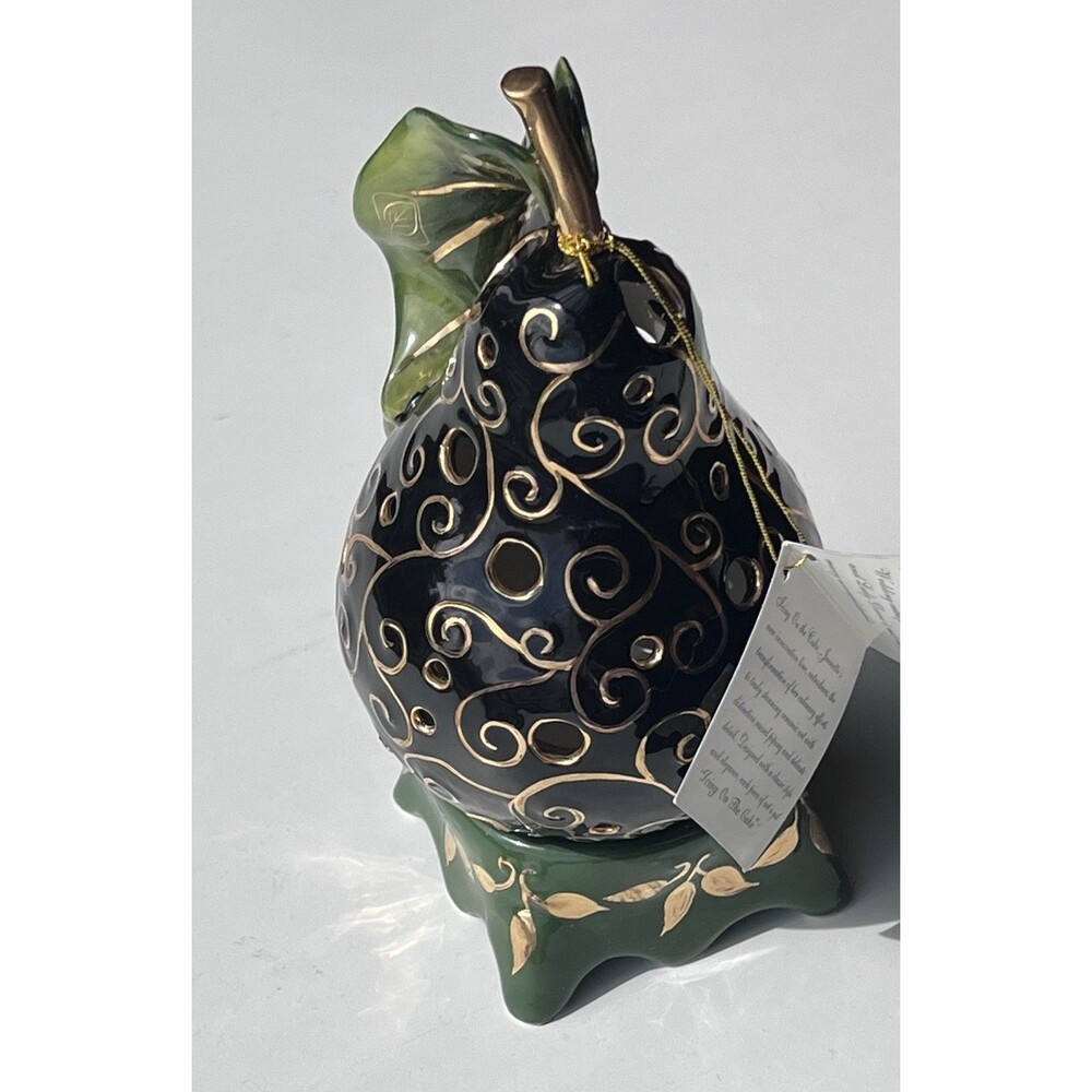 2004 BLUE SKY by J. MCCALL CERAMIC BLACK & GOLD PEAR TEA LIGHT HOLDER w/BASE